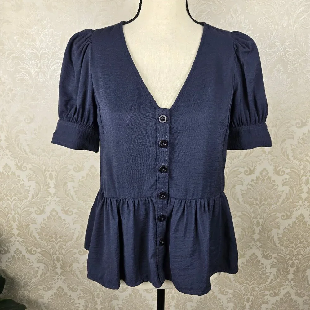 Madewell Size Small Navy Blue Peplum Top Puff Sleeves Vneck Button Front